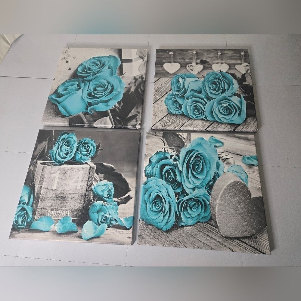 4 teal white and gray teen girls room decor canvas prints pictures roses hearts